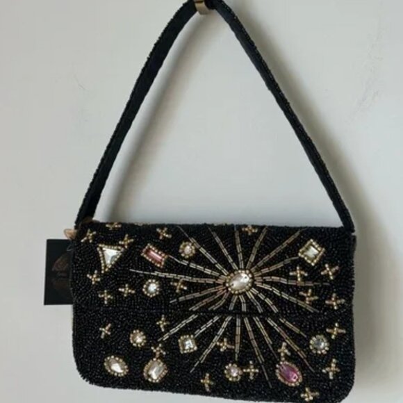 Made in India Tik Tok Viral Beaded Shoulder Bag Black Star Rhinestones Jewels - Picture 1 of 5